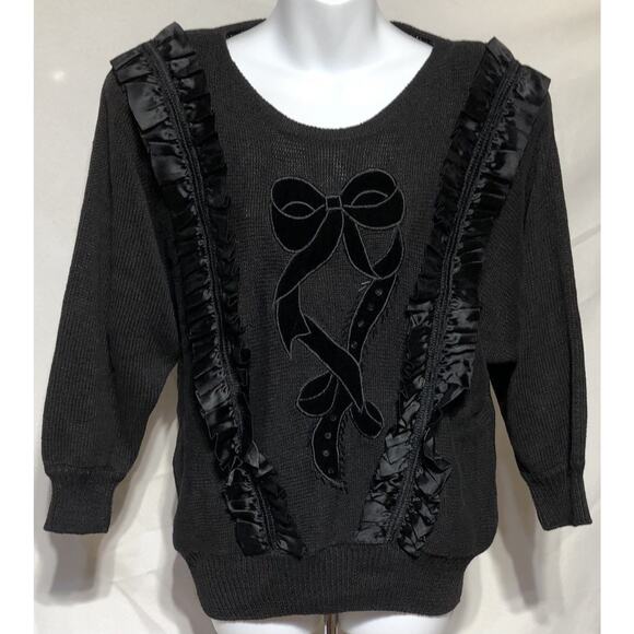 Vintage Bonnie & Bill Sweater S Blk Bead Satin Ruffles Ribbons Holiday Christmas - Picture 1 of 7